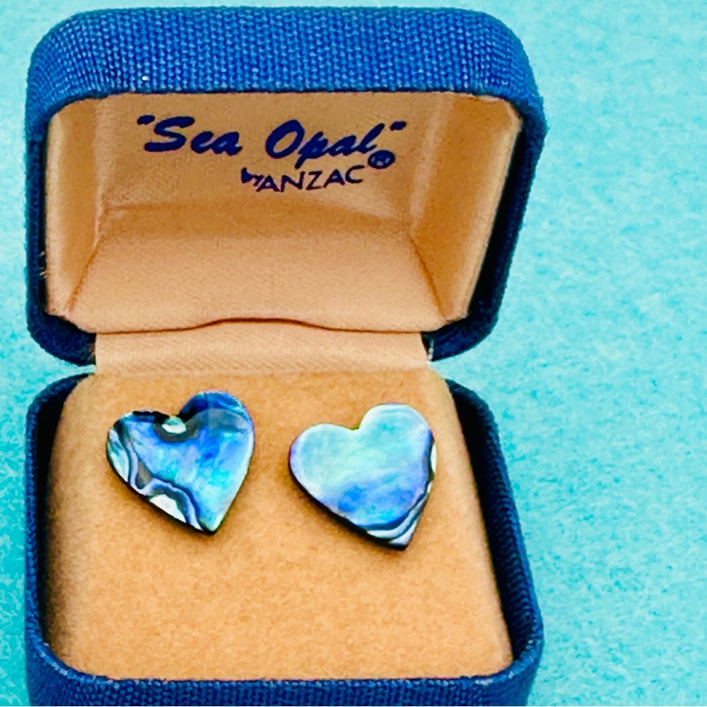 Vintage Anzac Paua Shell Sea Opal Heart  Pierced Earrings